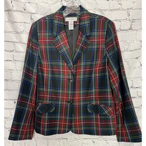 Vintage Sag Harbor Polyester Red Black Blue White Yellow Plaid Blazer Size 12